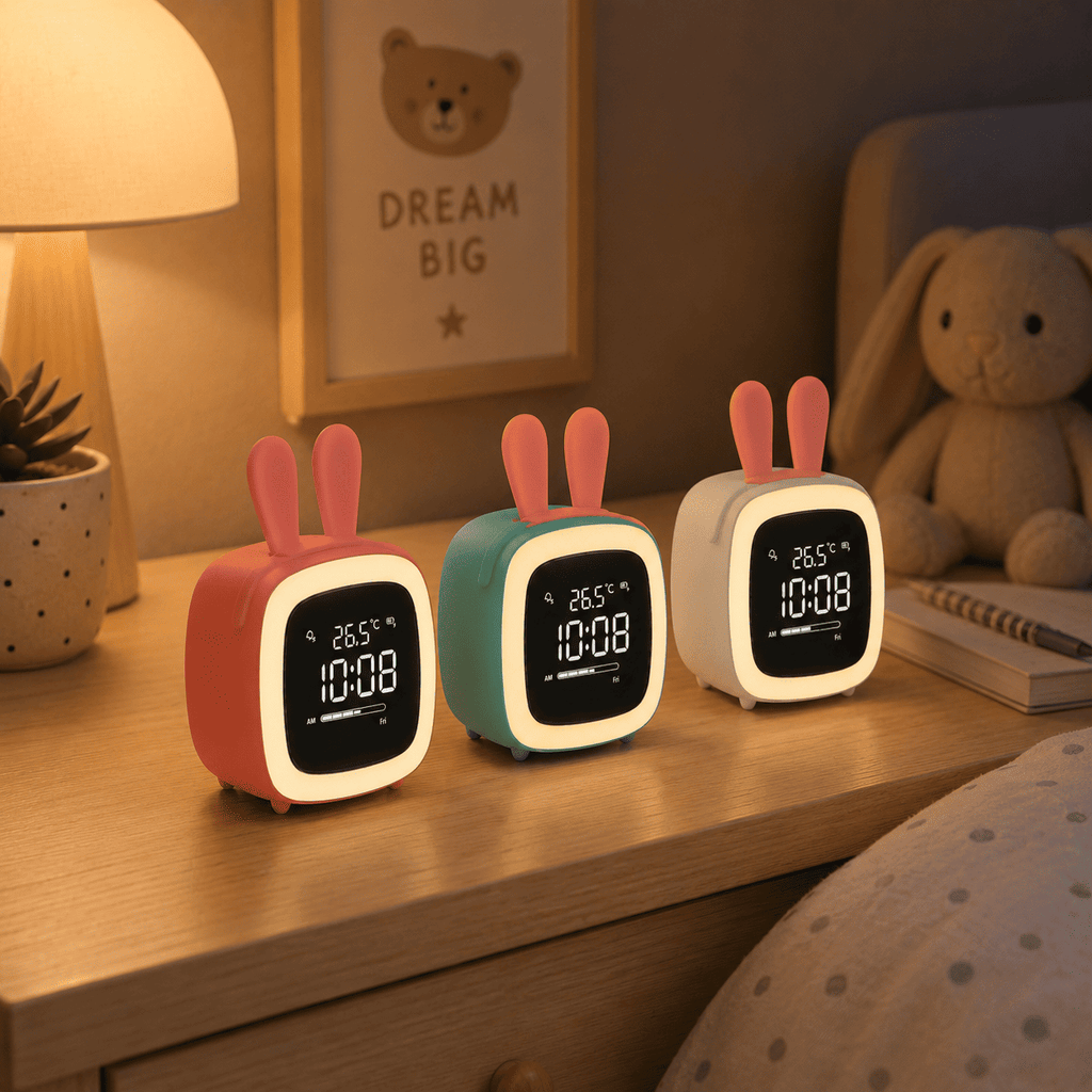 3 réveils lapin veilleuse bleu, rose et blanc - monreveil.com