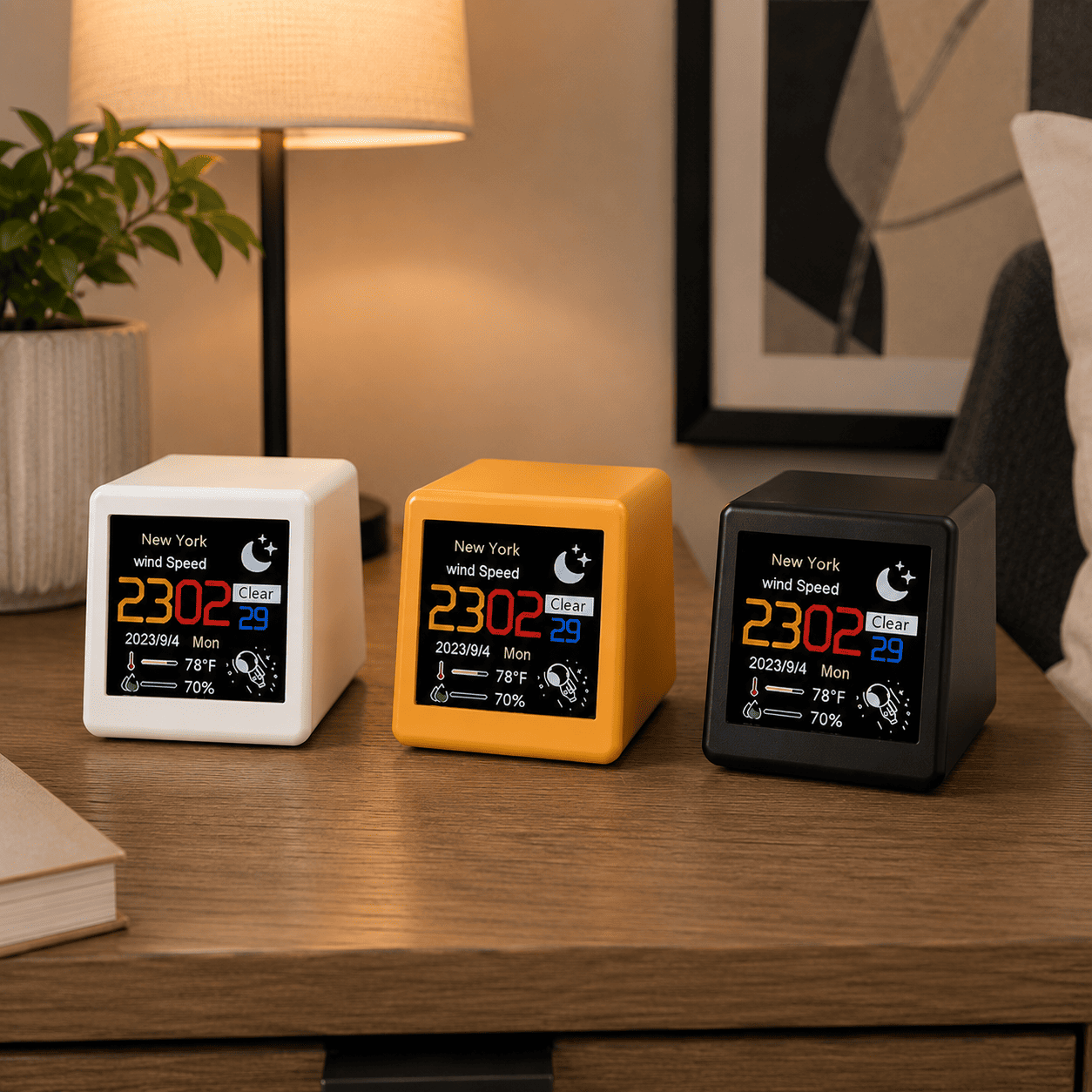 3 réveils cubiques jaune, blanc et noir - monreveil.com