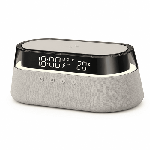 radio reveil gris clair enceinte musicale et chargeur induction - monreveil.com