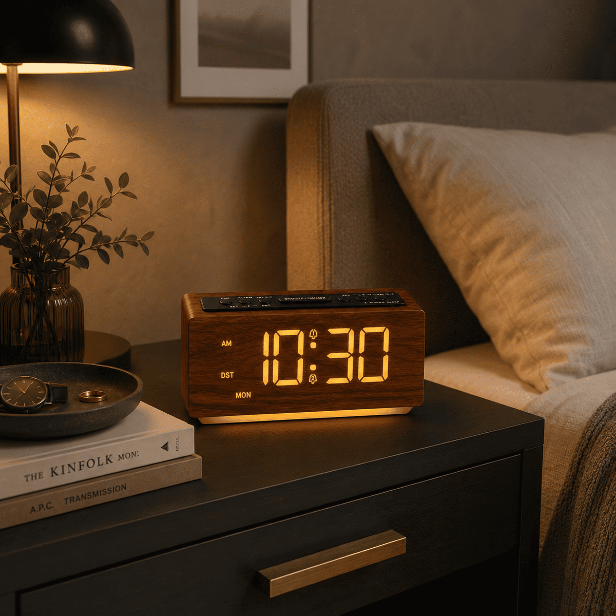 réveil en bois lumineux allumé sur une table de nuit 