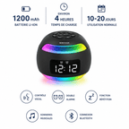 reveil enfant radio FM bluetooth double alarme, sonneries musicales, snooze, activation sonore de l’écran, autonomie 