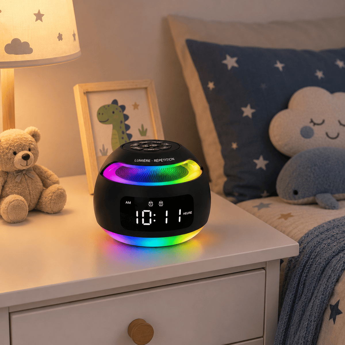 Radio réveil enfant Bluetooth avec éclairage coloré et activation sonore