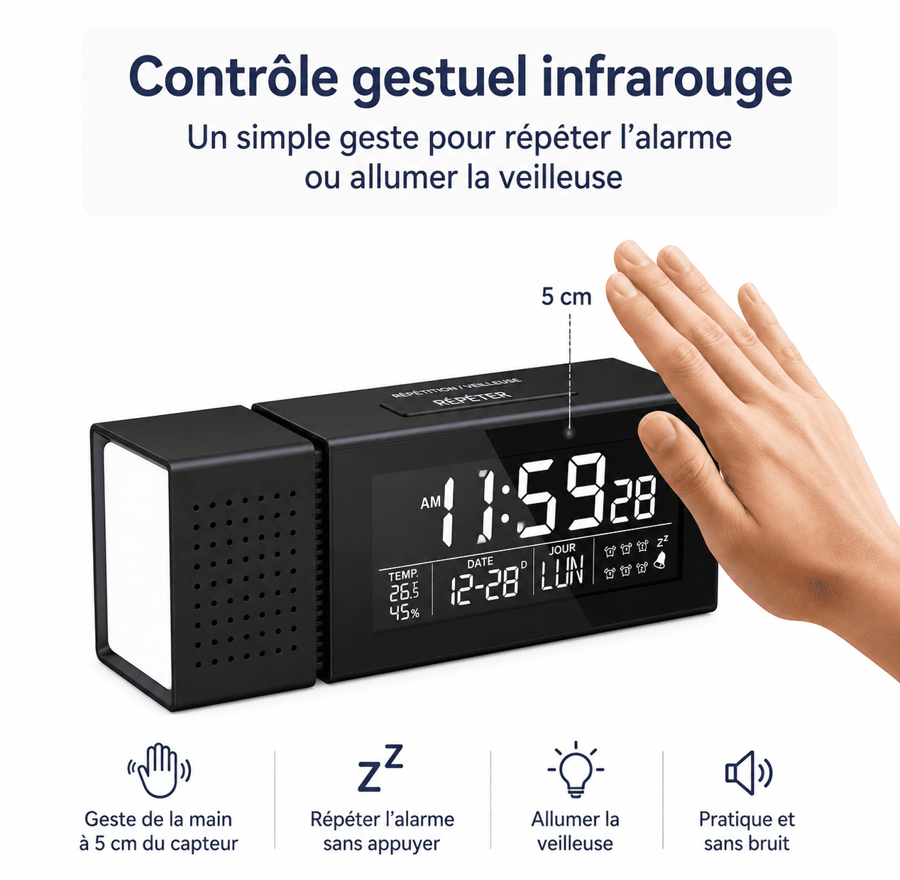 reveil enfant radio FM avec plusieurs alarmes, capteur, silencieux - monreveil.com