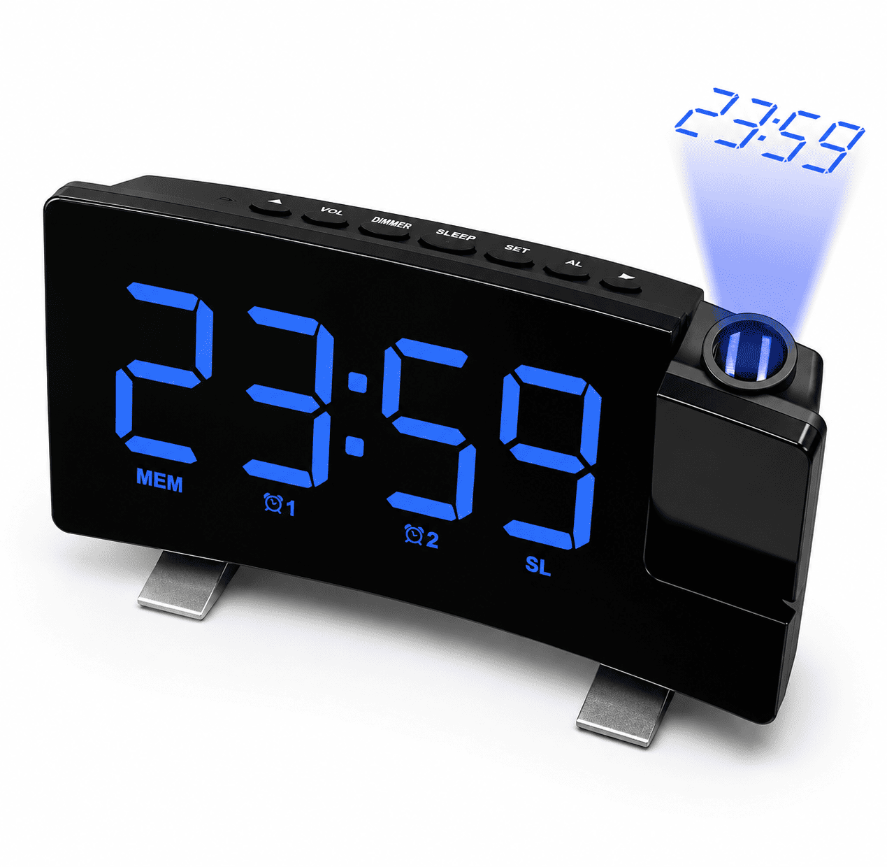 radio réveil enfant projecteur bleu sur fond blanc 