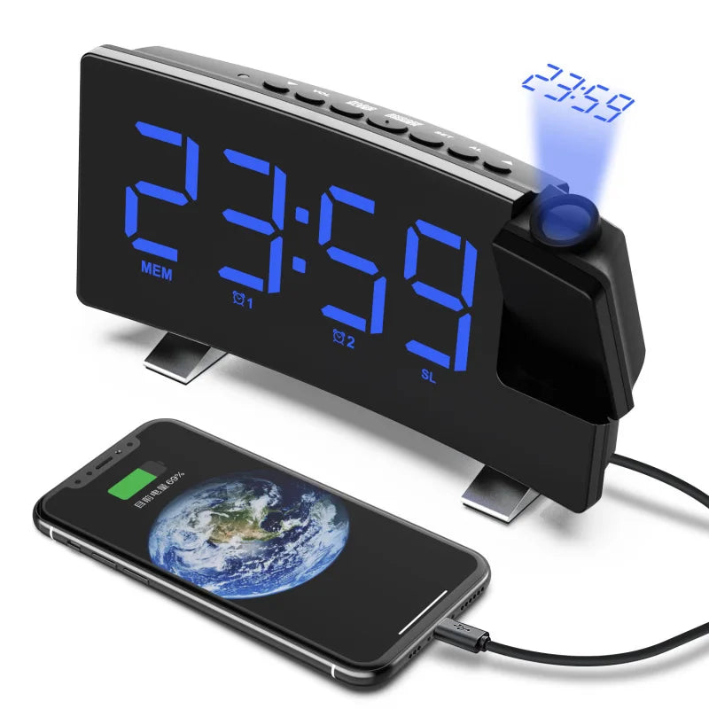 radio réveil projecteur enfant recharge téléphone sur fond blanc