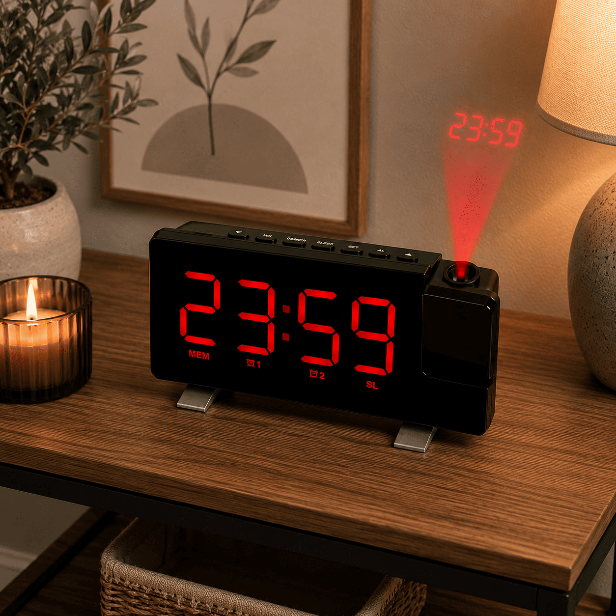 radio réveil enfant projecteur rouge sur une table de nuit 