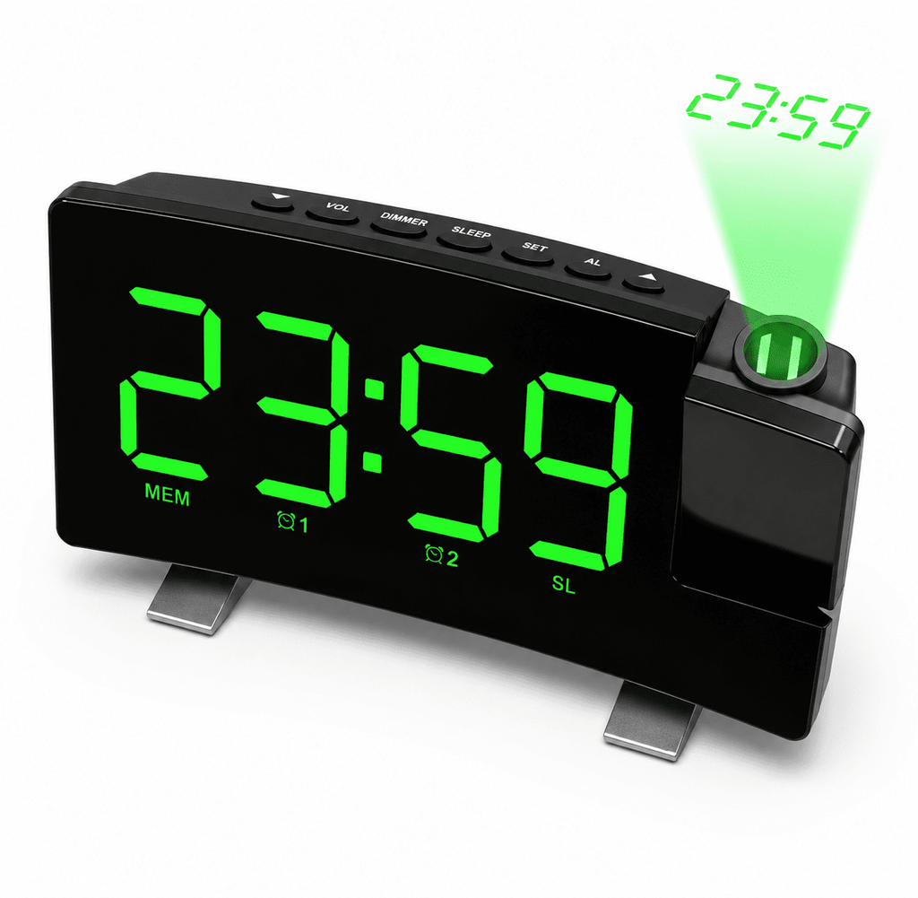 radio réveil projecteur vert enfant sur fond blanc