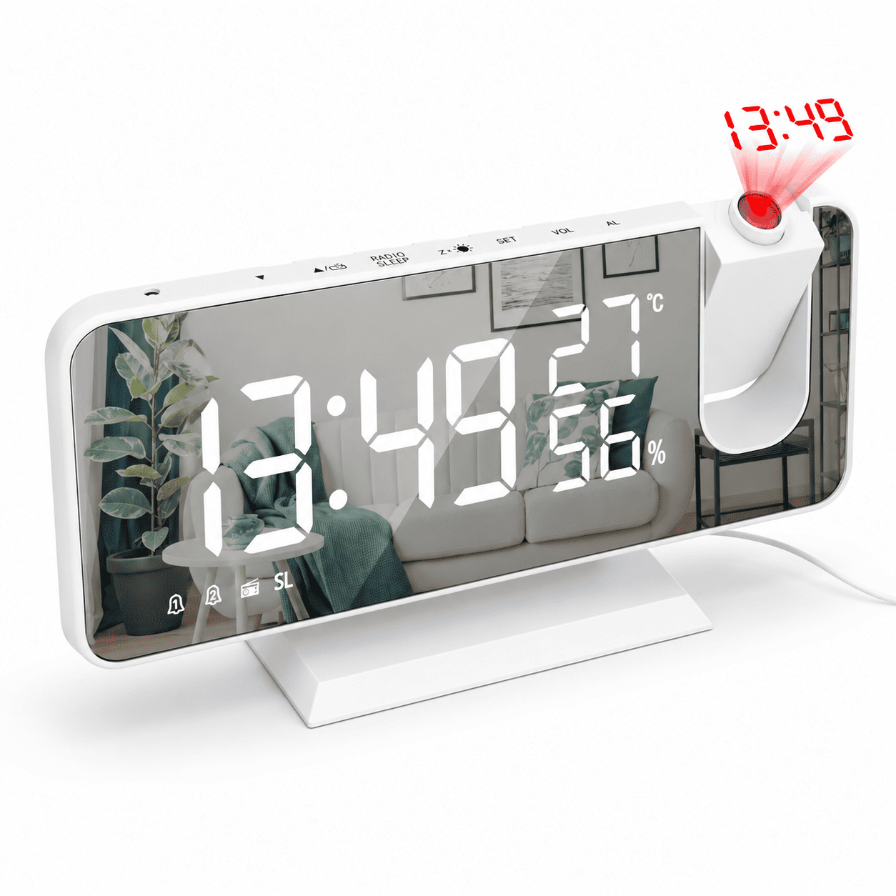 radio reveil projecteur blanc sur fond blanc - monreveil.com