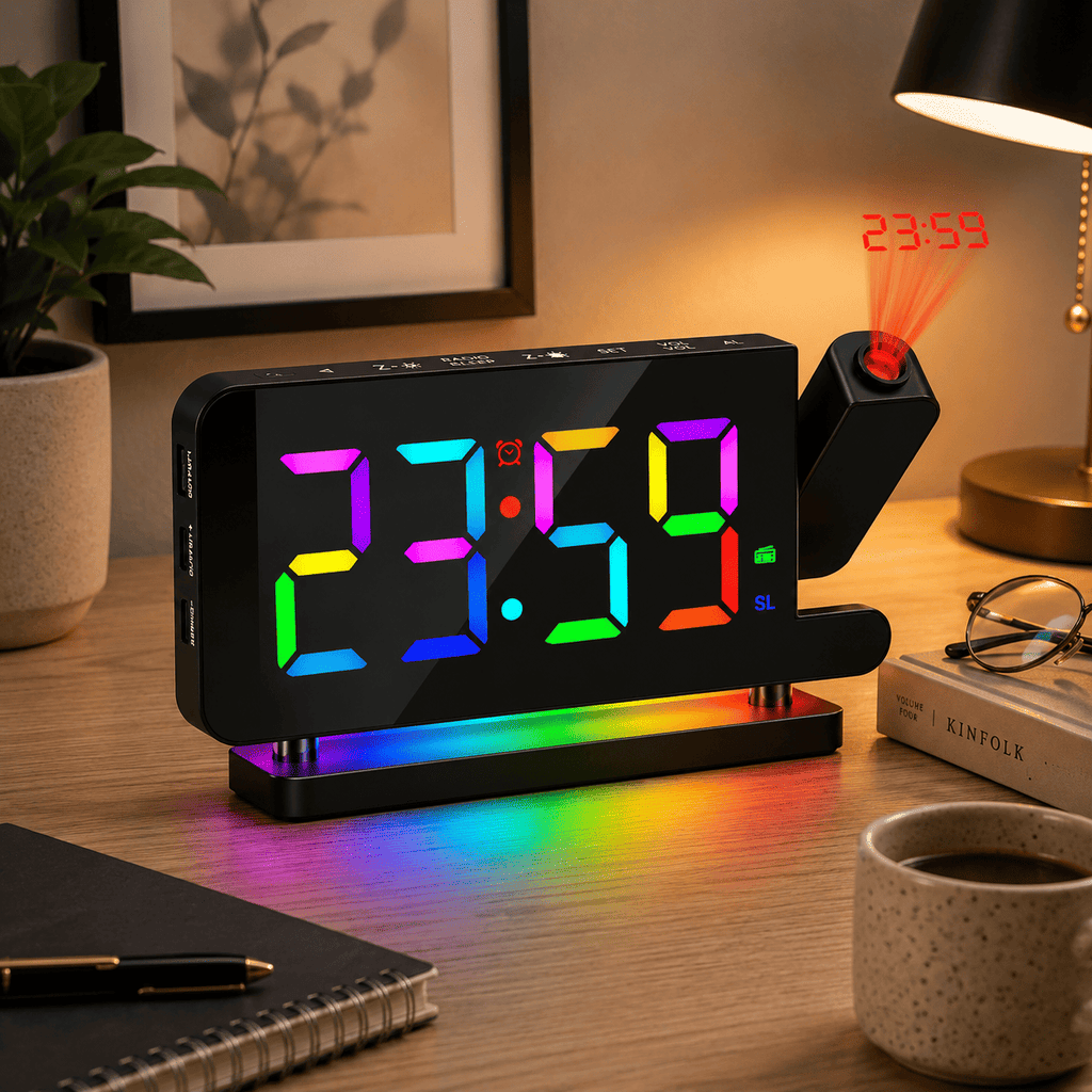 radio réveil projection noir multicolore sur table - monreveil.com