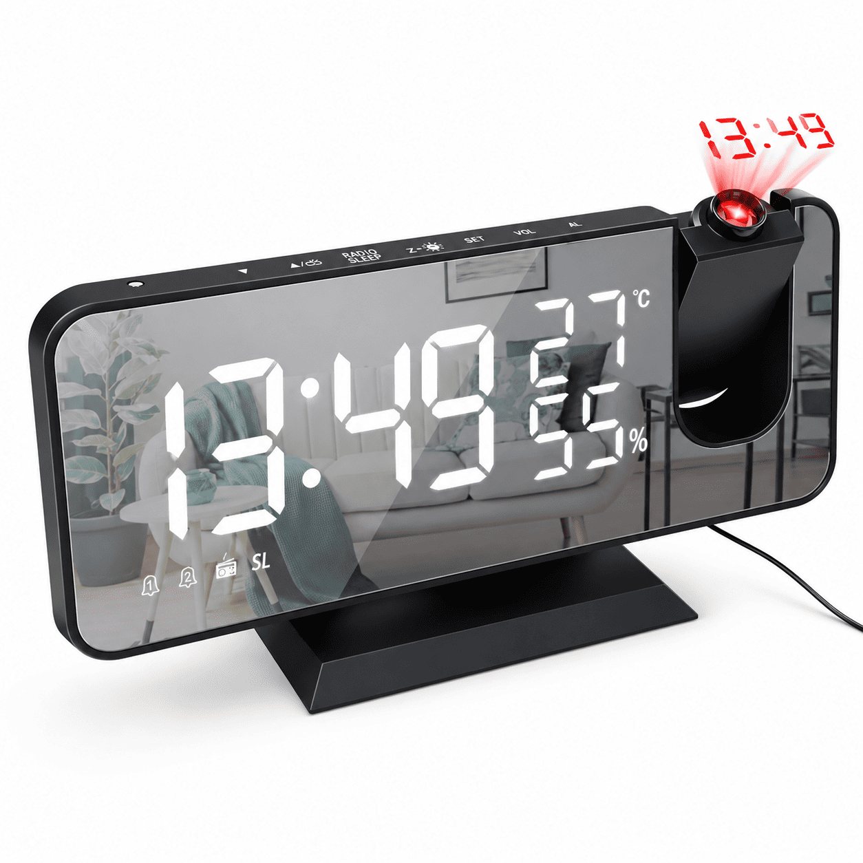 radio reveil projecteur noir sur fond blanc - monreveil.com