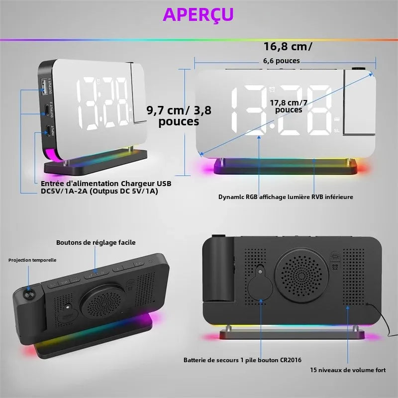 radio reveil projecteur vue de cote vue de dos et de profil - monreveil.com