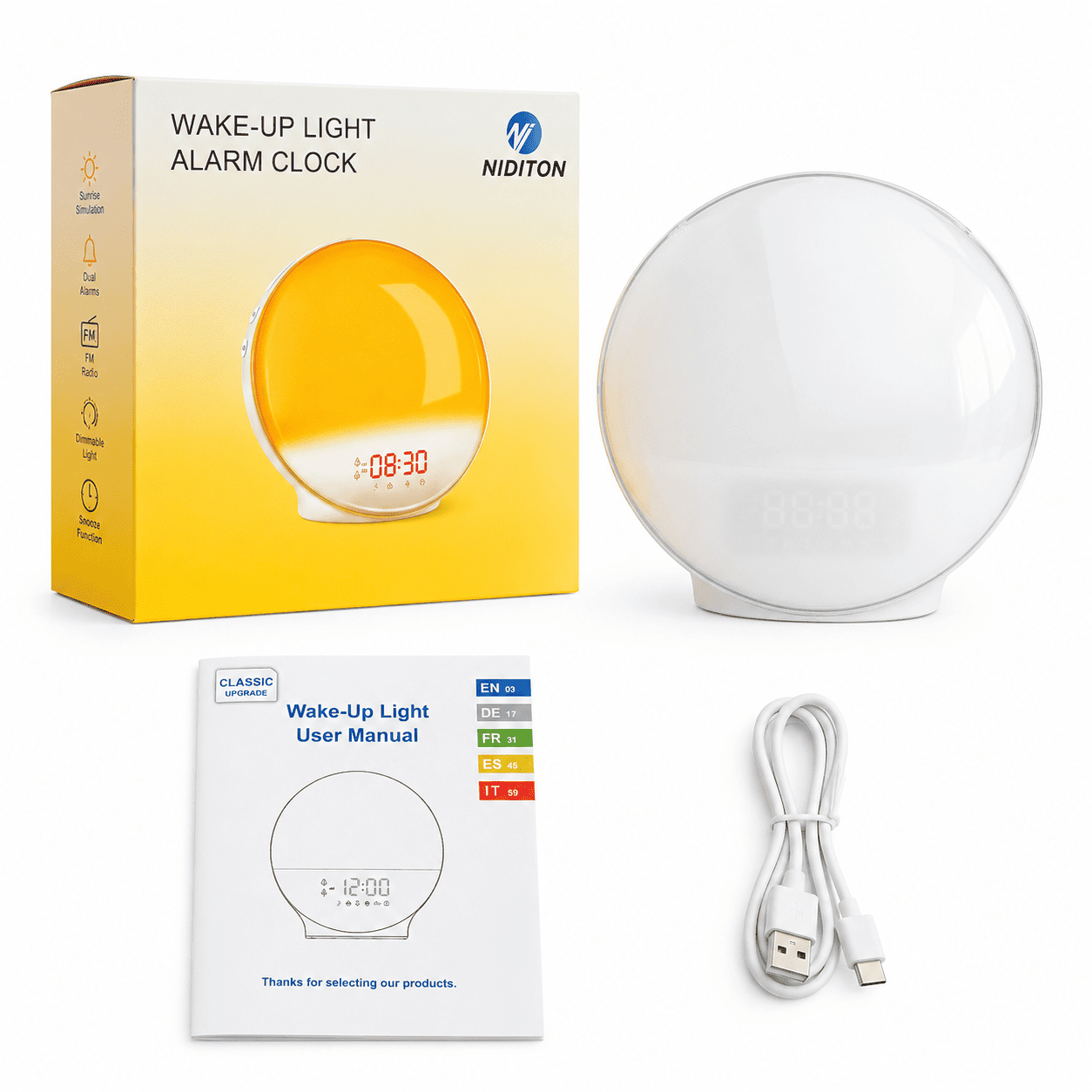 radio réveil couché de soleil avec câble, notice, boîte et produit - monreveil.com