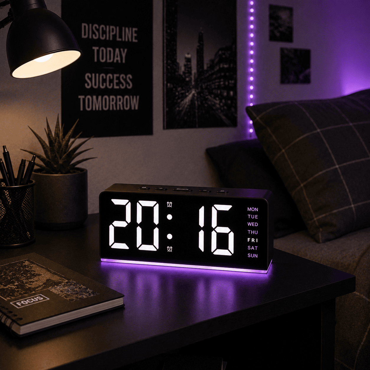 reveil adolescent noir et violet double alarme - monreveil.com