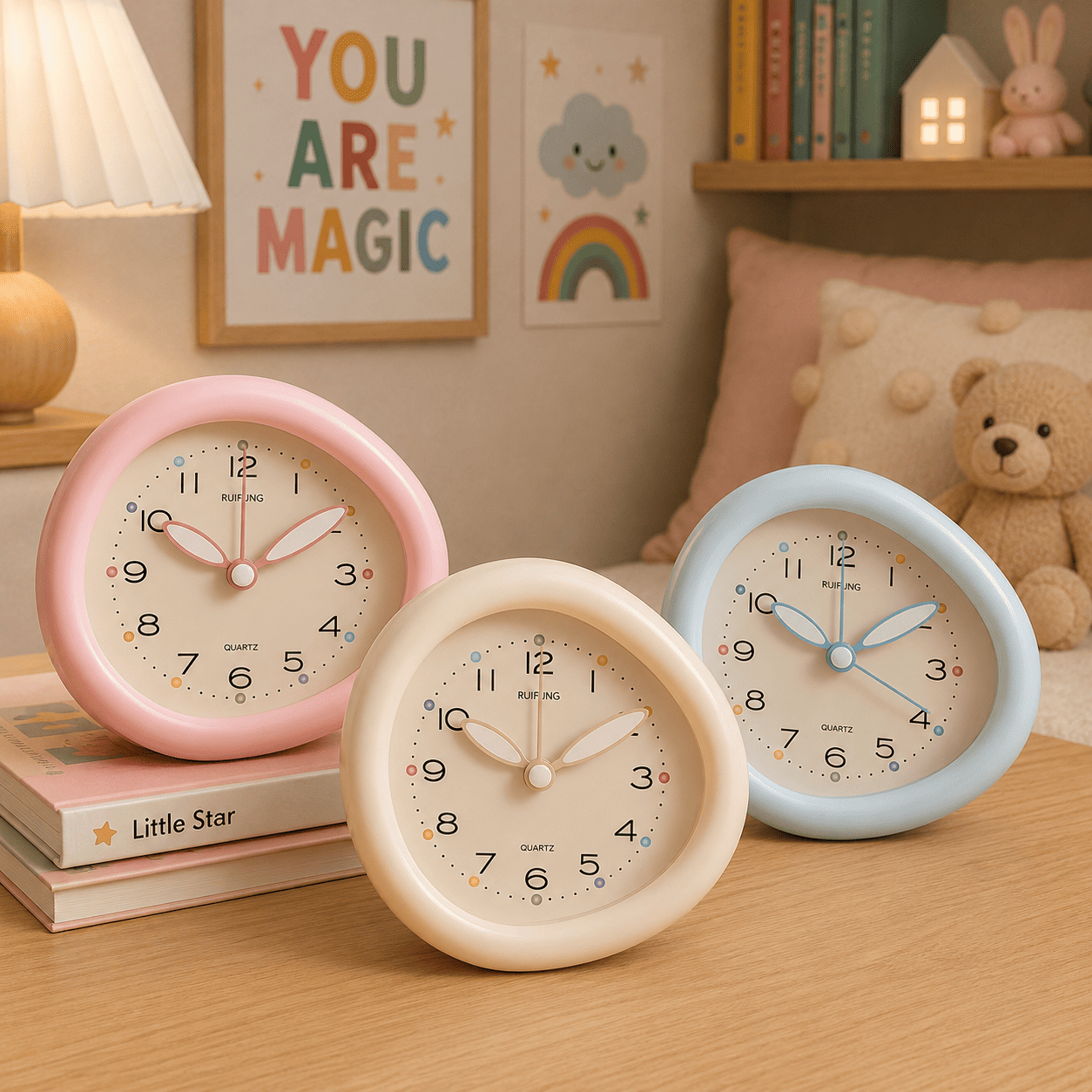 reveil chambre enfant rose bleu clair et beige - monreveil.com