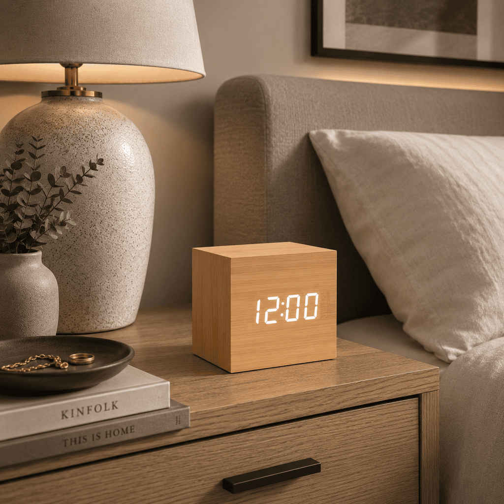 Réveil Bois cube adulte bois beige 