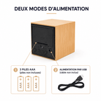 Réveil Bois cube 3 piles AAA Alimentation pas câble USB 