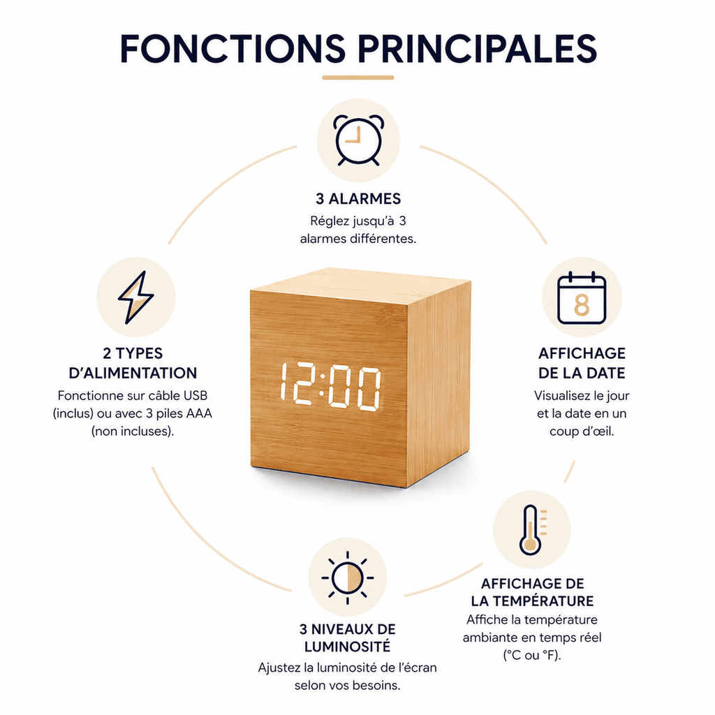 Reveil Bois cube 3 alarmes 2 types d'alimentation