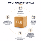 Reveil Bois cube 3 alarmes 2 types d'alimentation