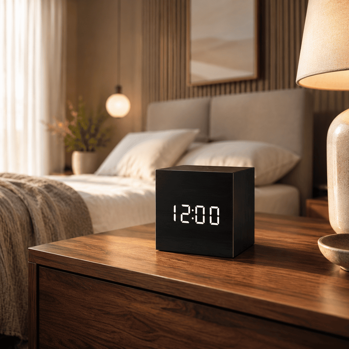 Reveil Bois cube noir chambre parentale 