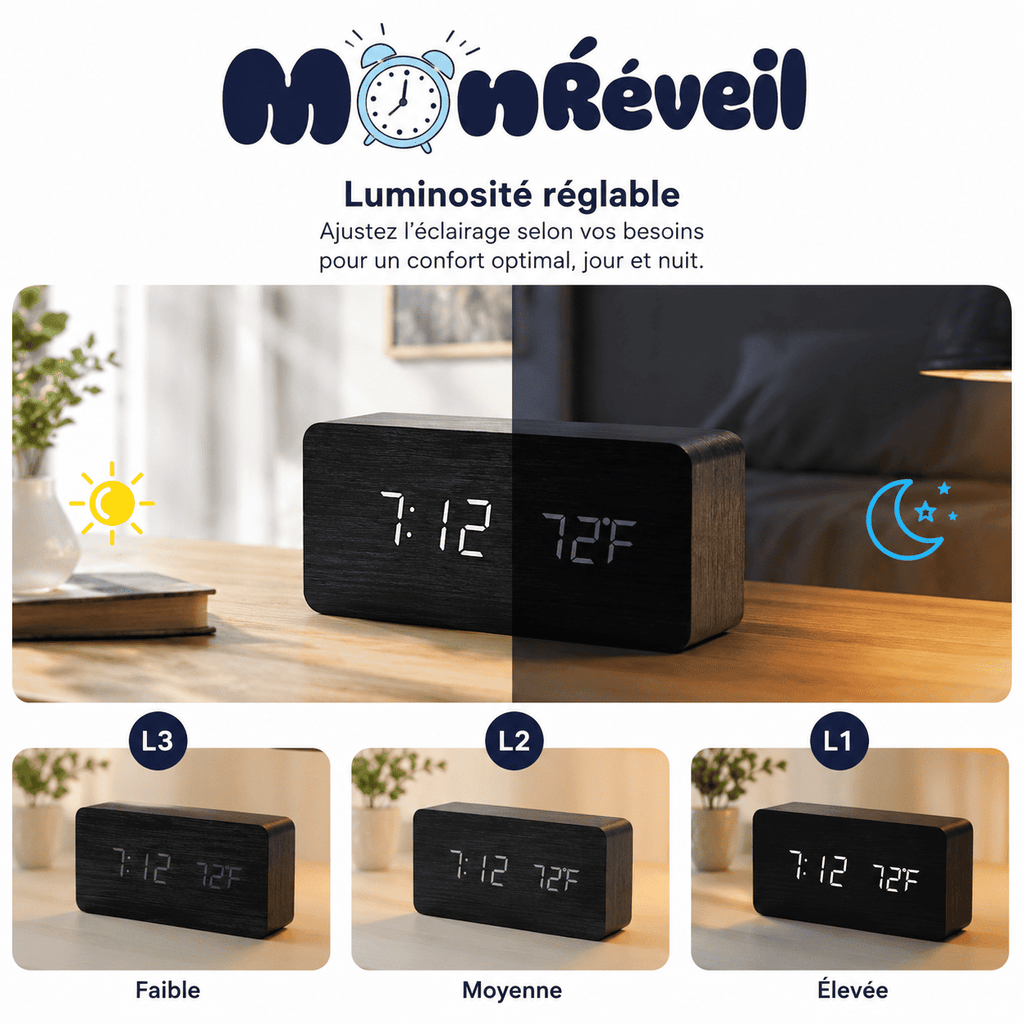 Réveil bois plat 3 intensités lumineux - monreveil.com