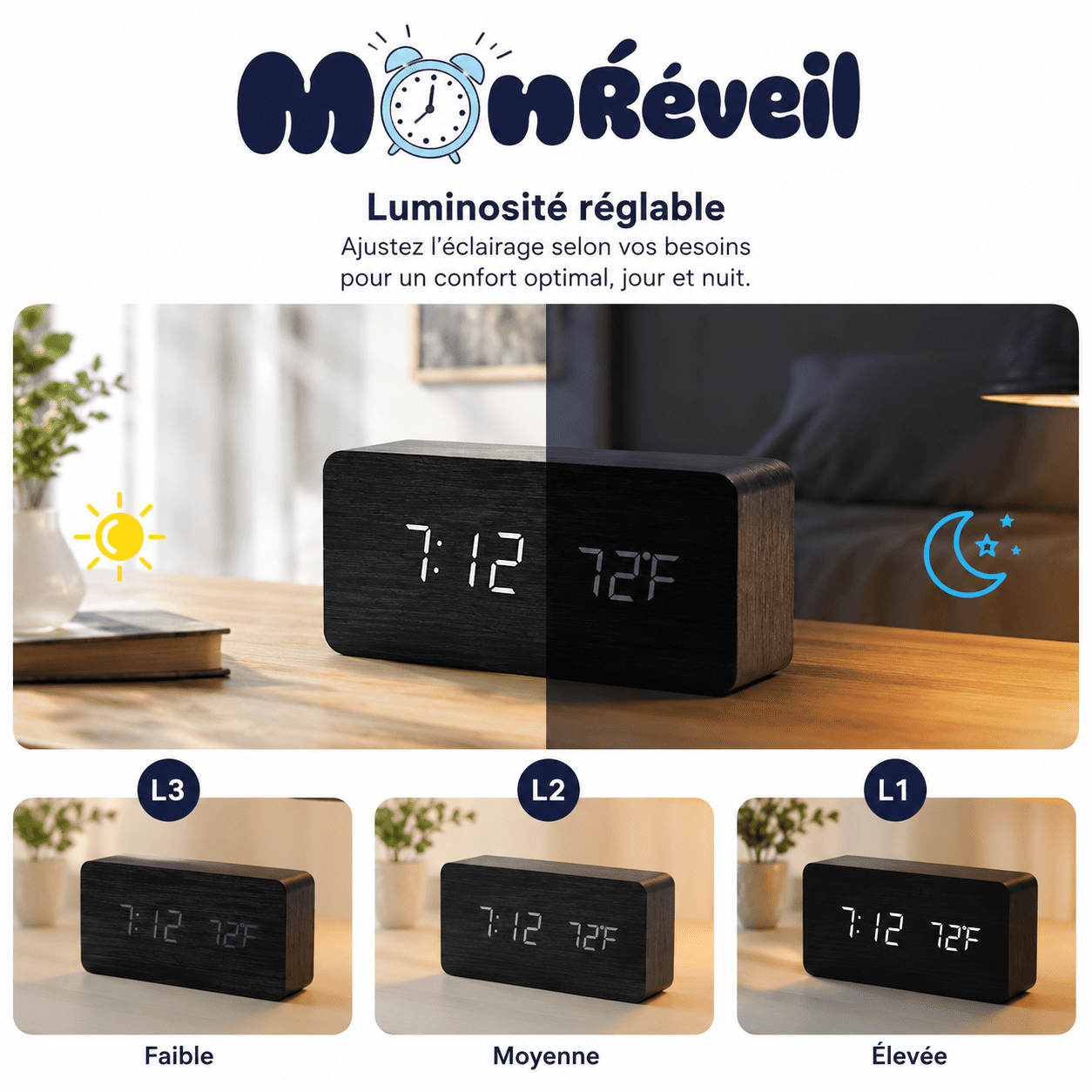 Réveil bois plat 3 intensités lumineux - monreveil.com