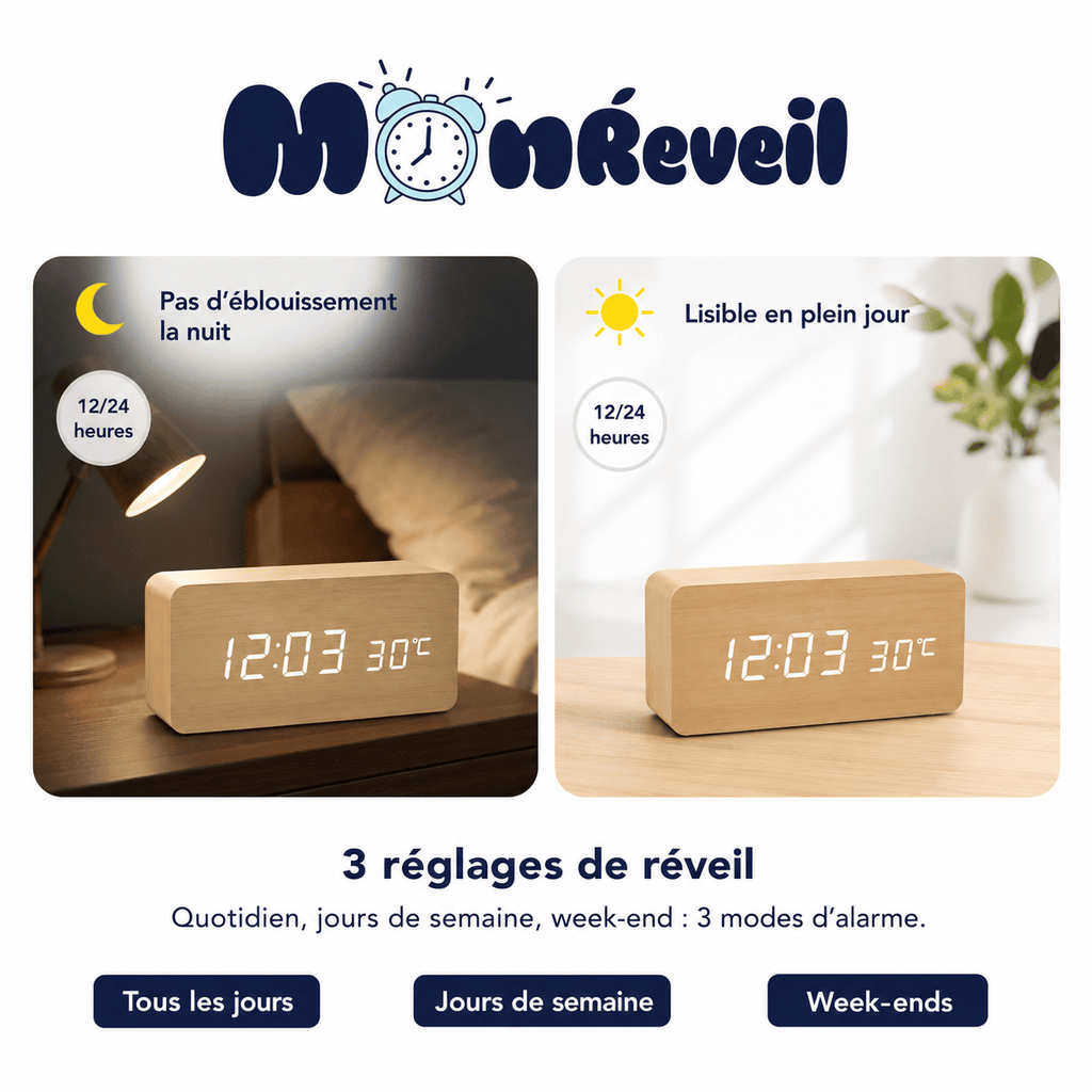 Réveil bois plat 3 modes alarmes - monreveil.com