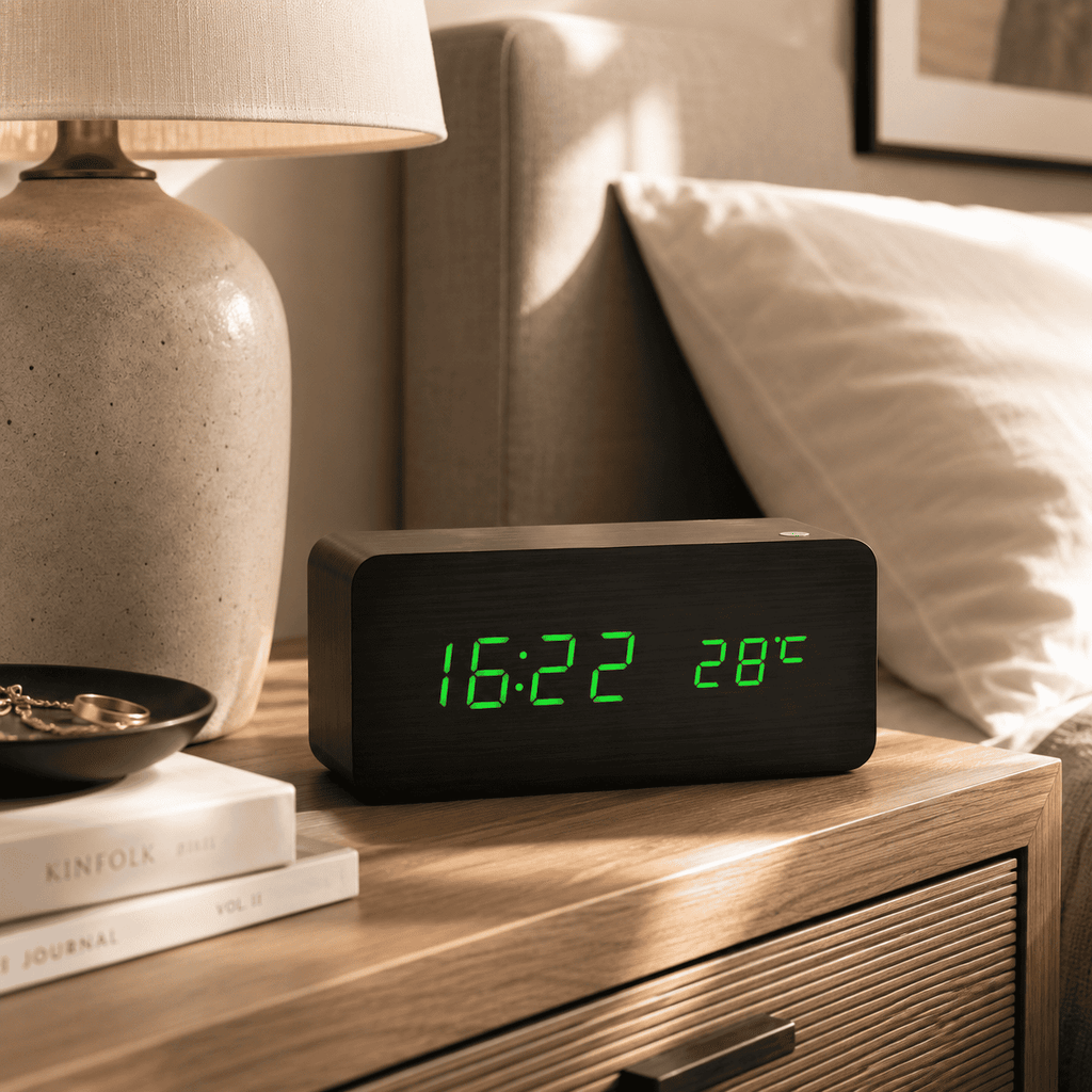 Réveil bois plat chambre design noir LED verte - monreveil.com