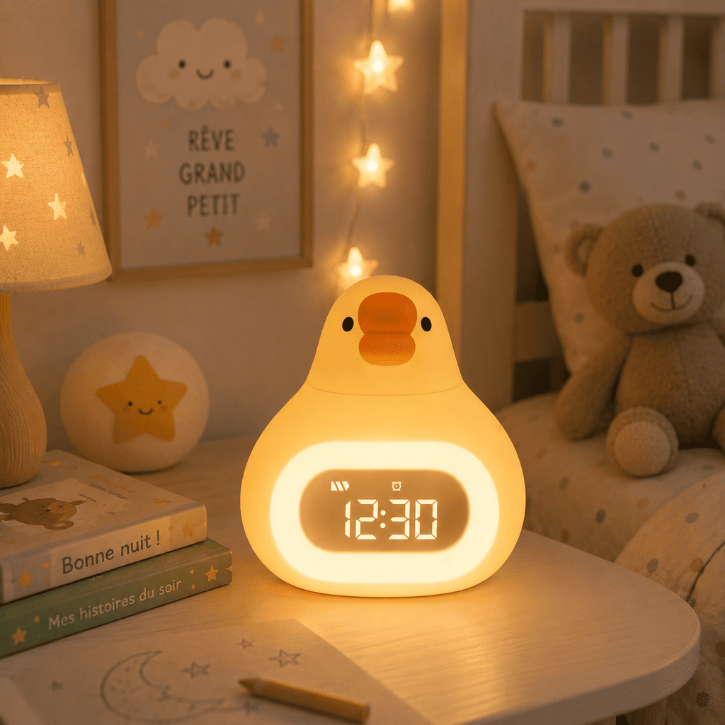 Réveil canard veilleuse jaune chambre enfant - monreveil.com