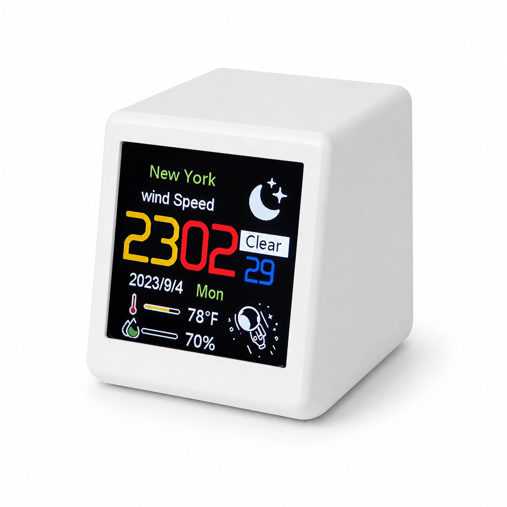réveil connecté cubique blanc sur fond blanc - monreveil.com