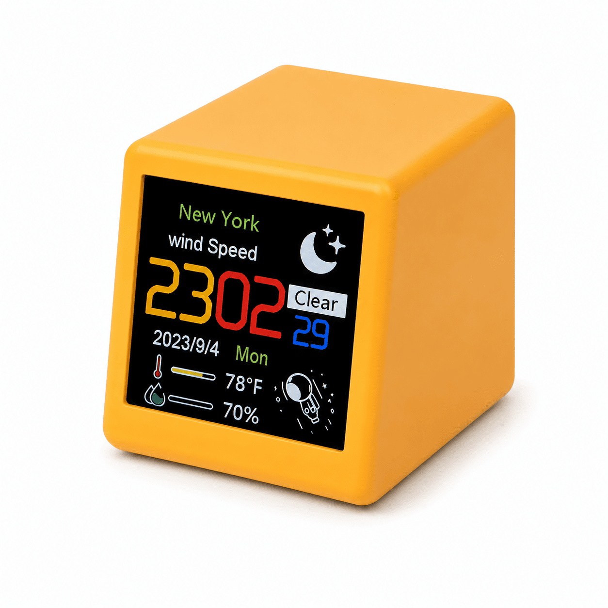 réveil connecté cubique jaune sur fond blanc - monreveil.com