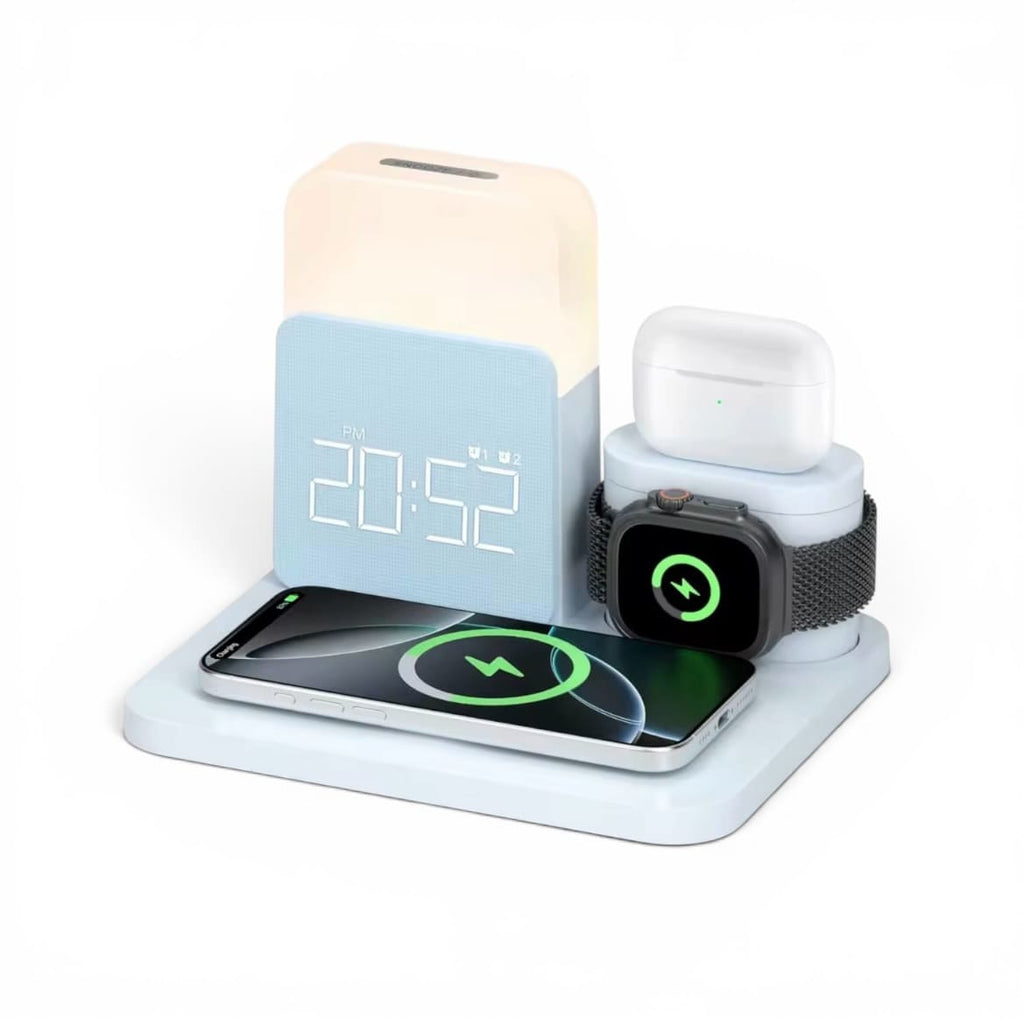 reveil connecté chargeur induction bleu téléphone, montre connectée et écouteur sans fil - monreveil.com