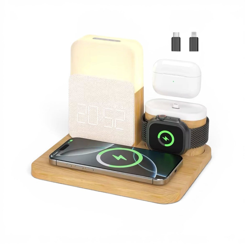 reveil connecté en bois chargeur induction téléphone, montre connectée et écouteur sans fil - monreveil.com