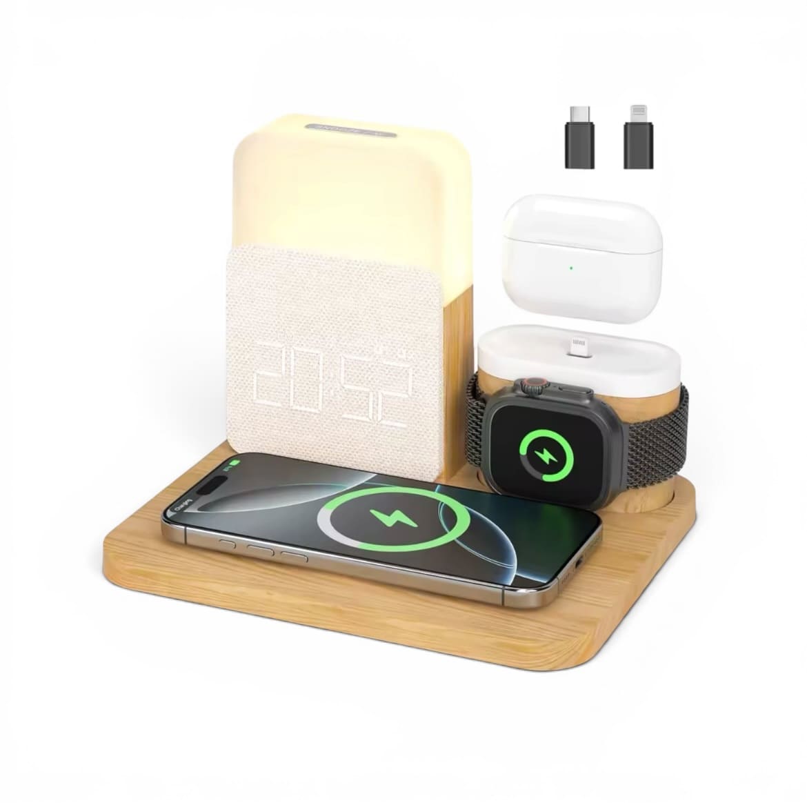 reveil connecté en bois chargeur induction téléphone, montre connectée et écouteur sans fil - monreveil.com