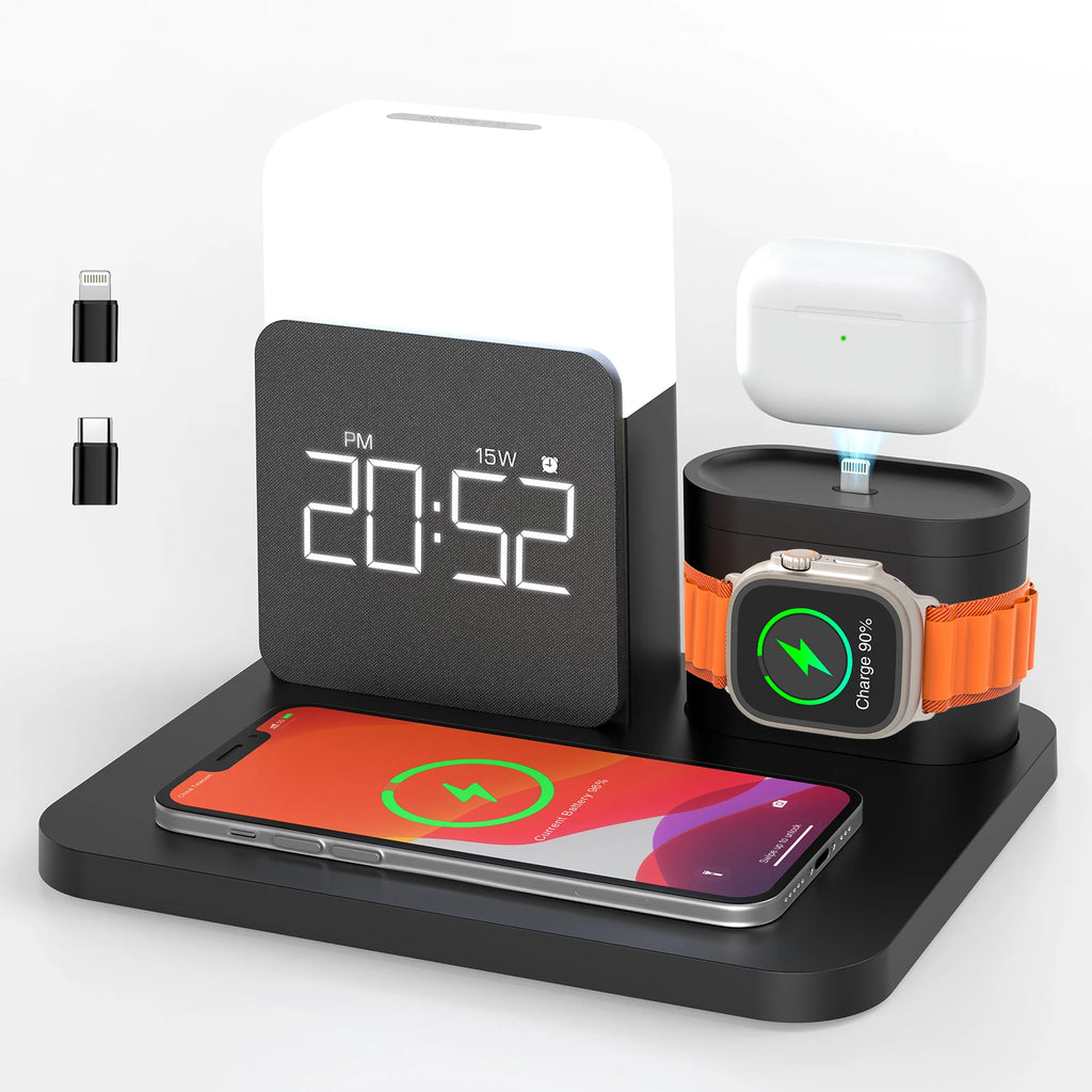 reveil connecte noir chargeur induction téléphone, montre connectée, écouteur sans fil - monreveil.com