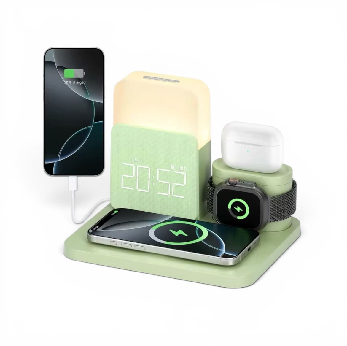 réveil connecté chargeur à induction vert téléphone, montre connectée et écouteur sans fil - monreveil.com
