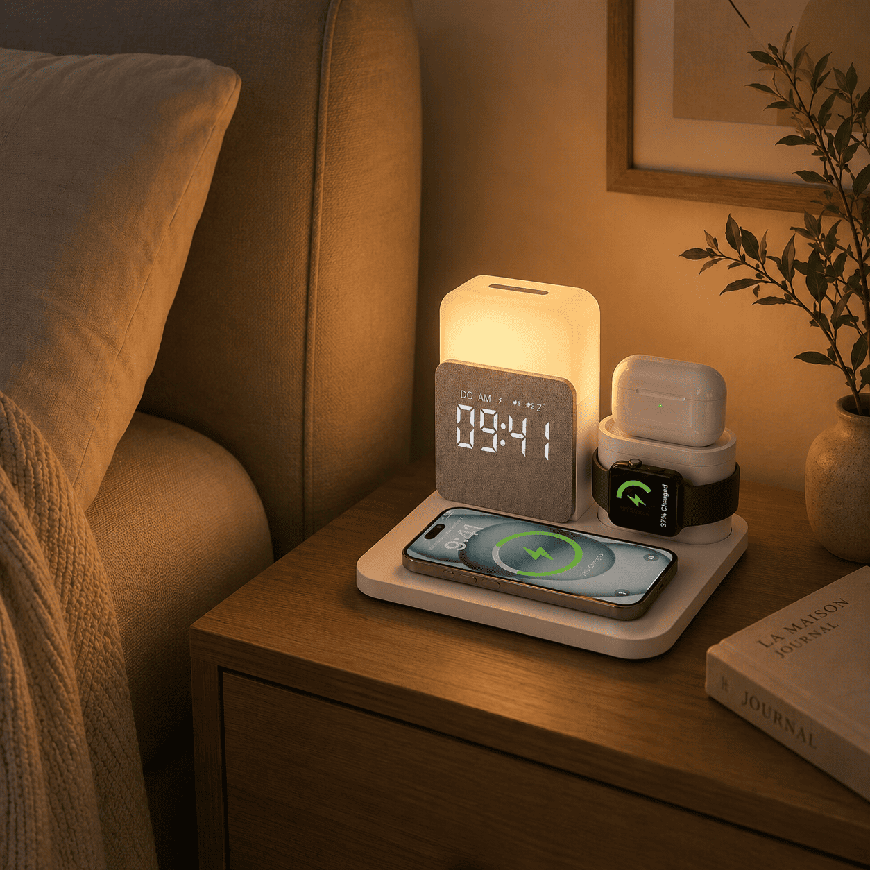 Réveil blanc avec chargeur de téléphone, montre connectée et écouteur sans fil - monreveil.com