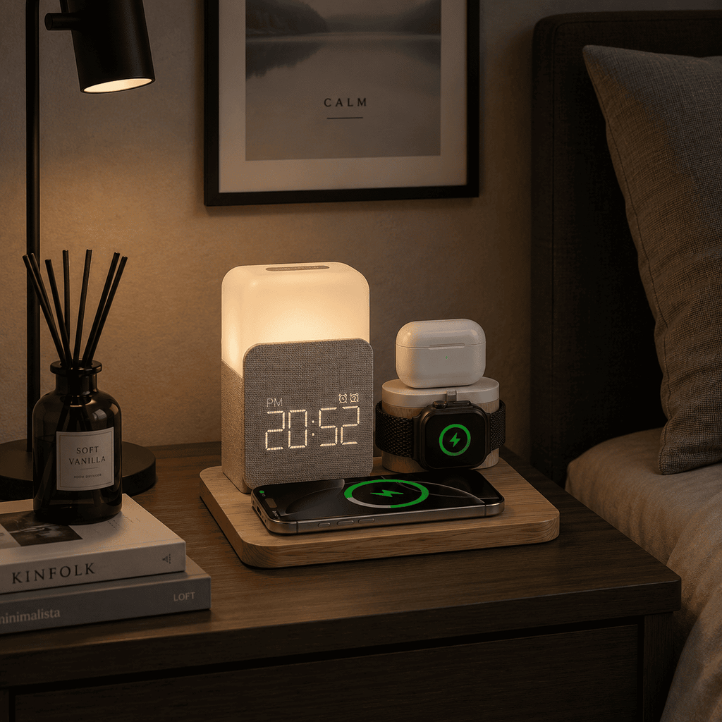 reveil connecté rechargeable bois, chargeur induction - monreveil.com