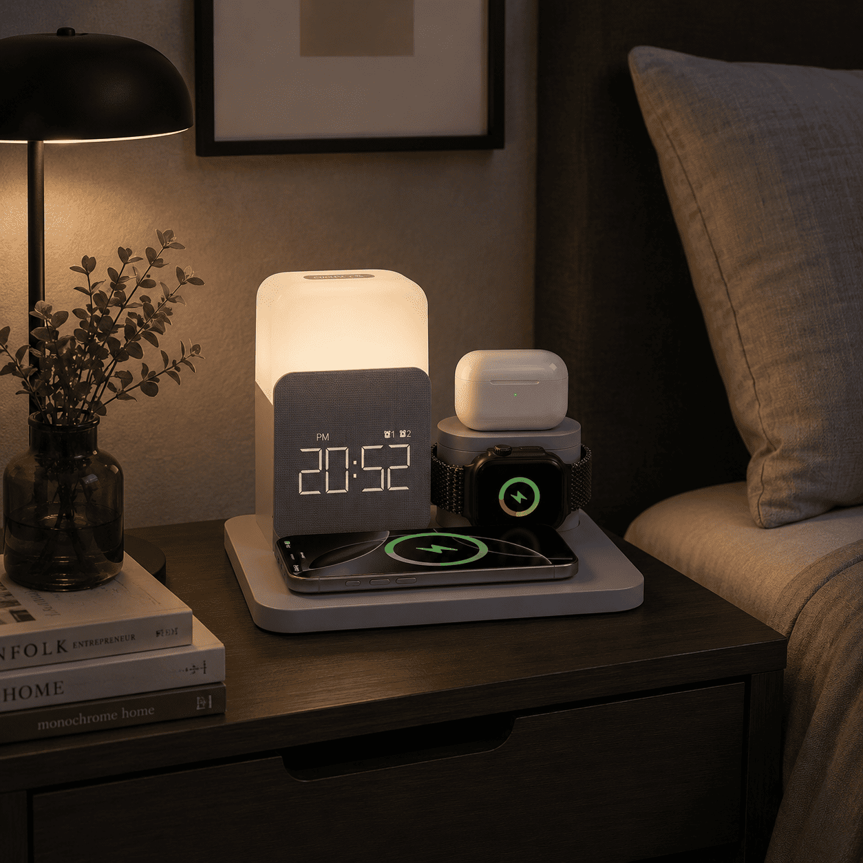 reveil connecté chargeur induction blanc pour téléphone, montre connectée et écouteur sans fil - monreveil.com
