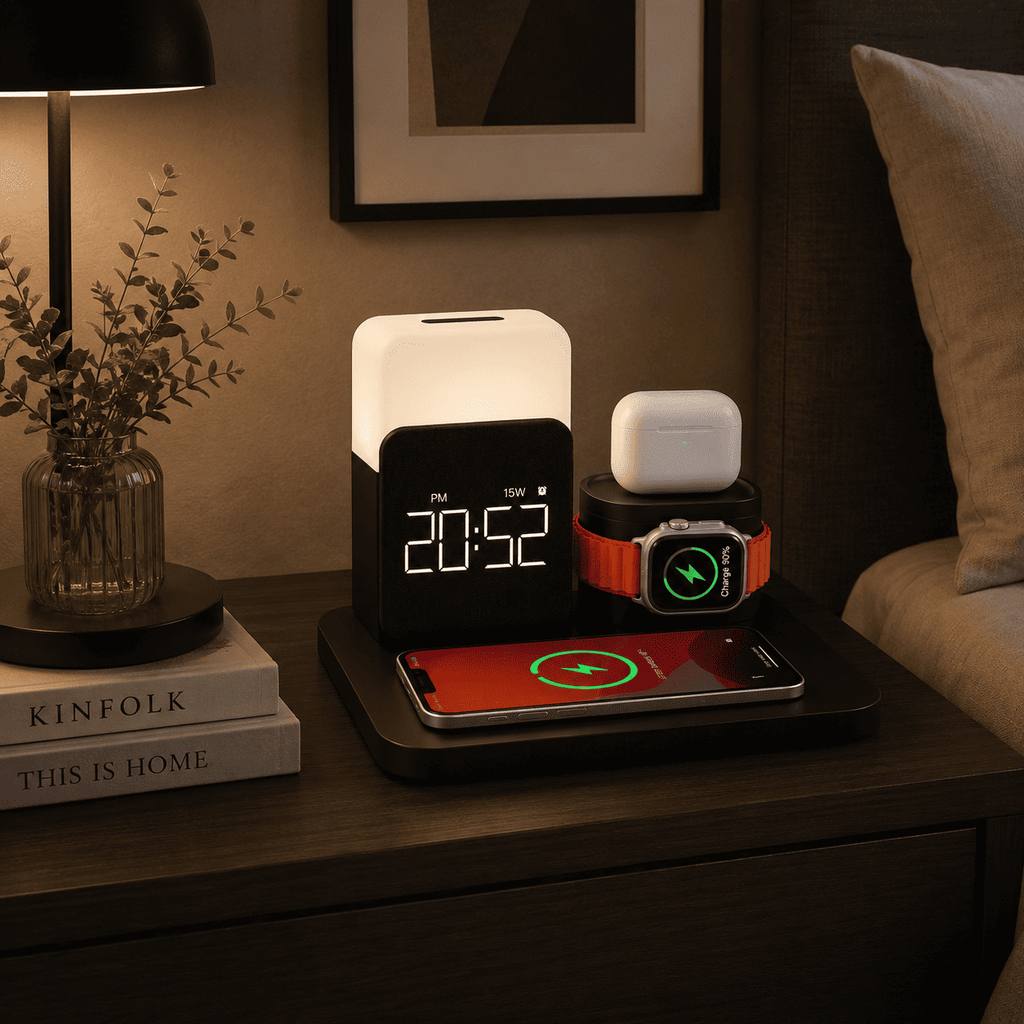 reveil connecte chargeur induction noir, chargeur montre connectée, écouteur sans fil - monreveil.com