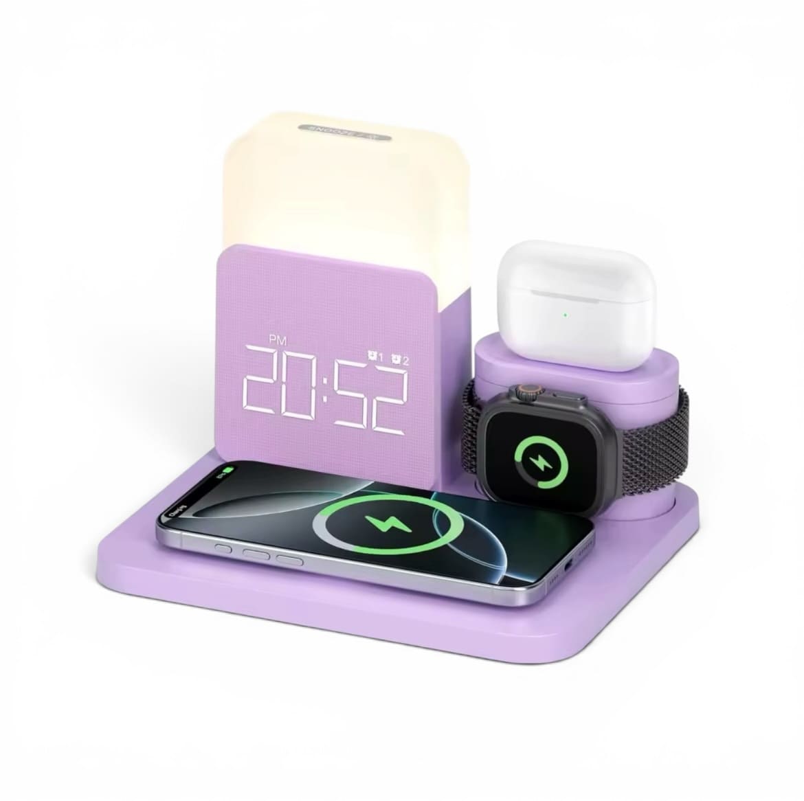 reveil connecté rechargeable violet chargeur induction téléphone, montre connectée et écouteur sans fil - monreveil.com