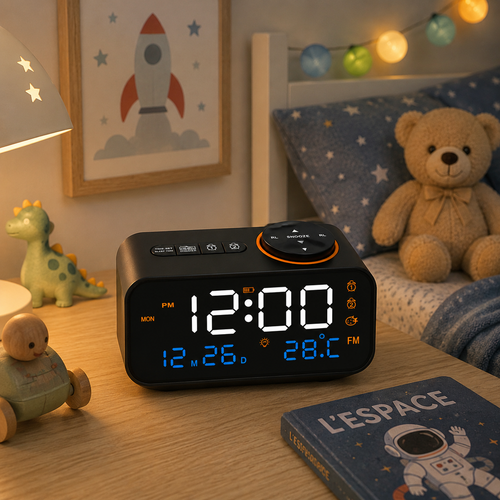 reveil enfant  noir rechargeable dans une chambre d'enfant