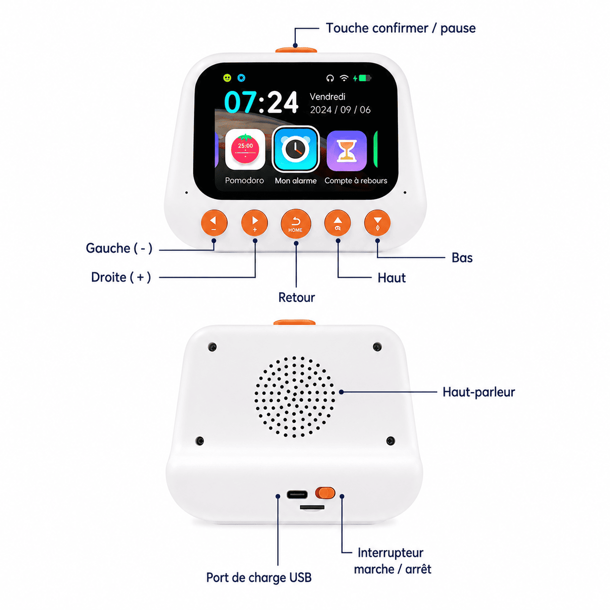reveil enfant avec intelligence artificiel boutons et port USB - monreveil.com