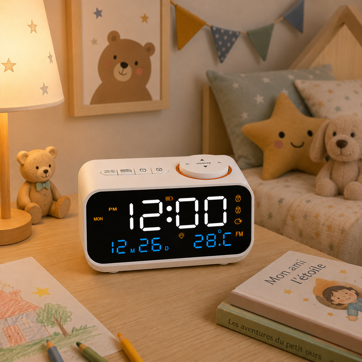 reveil enfant  blanc rechargeable contexte 