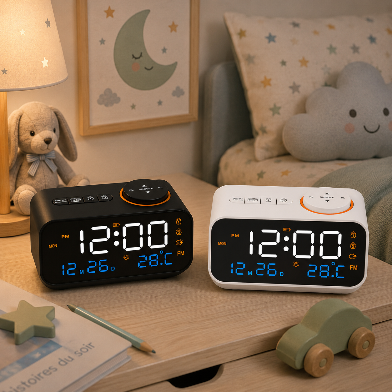 reveil enfant blanc et noir chambre enfant