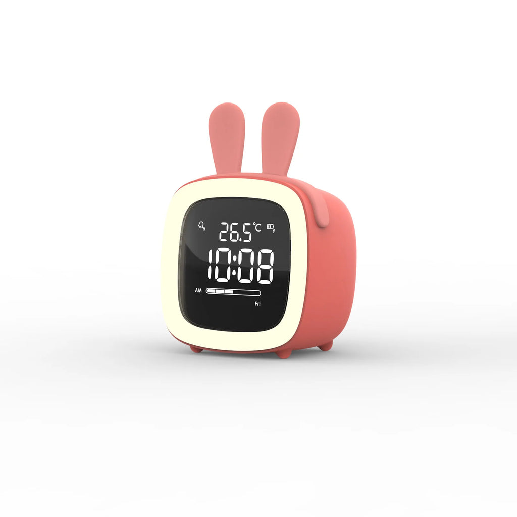 réveil veilleuse lapin rose sur fond blanc - monreveil.com