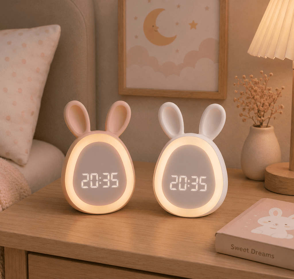 reveil veilleuse lapin blanc et rose lumineux blanc chaud - monreveil.com