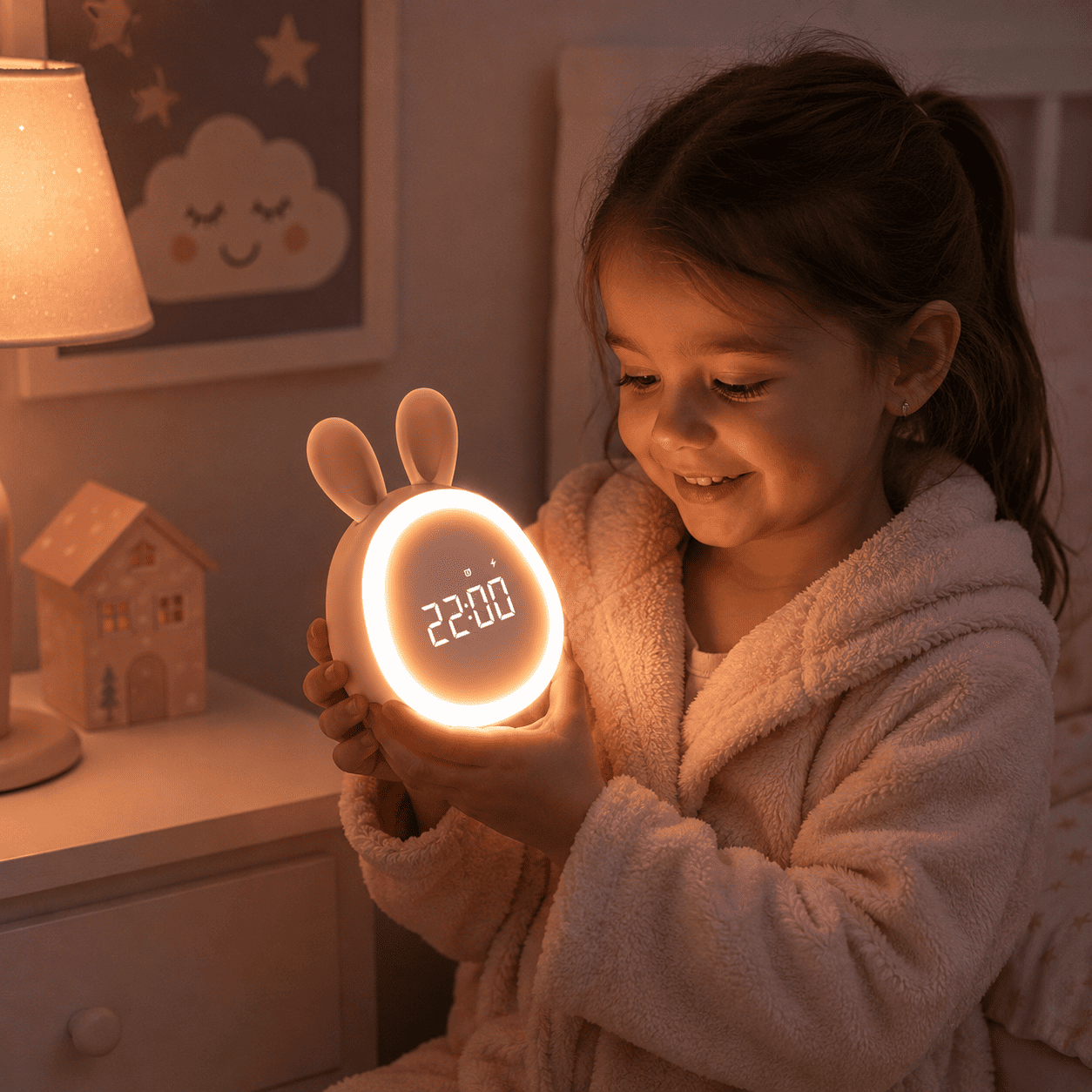 Réveil veilleuse lapin halo lumière blanche - monreveil.com
