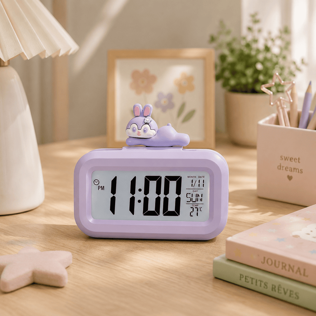 Reveil lapin allongé sur table - monreveil.com