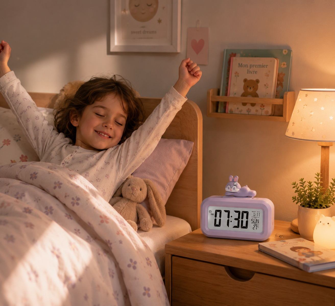 réveil lapin sur table de nuit avec enfant qui se réveille - monreveil.com
