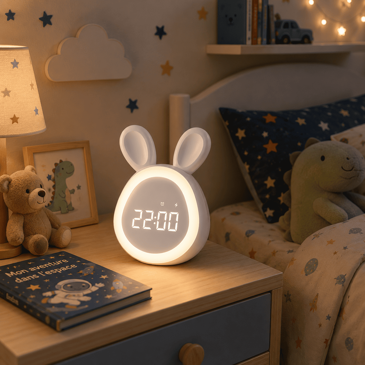 reveil lapin dans une chambre posé sur une table de nuit - monreveil.com